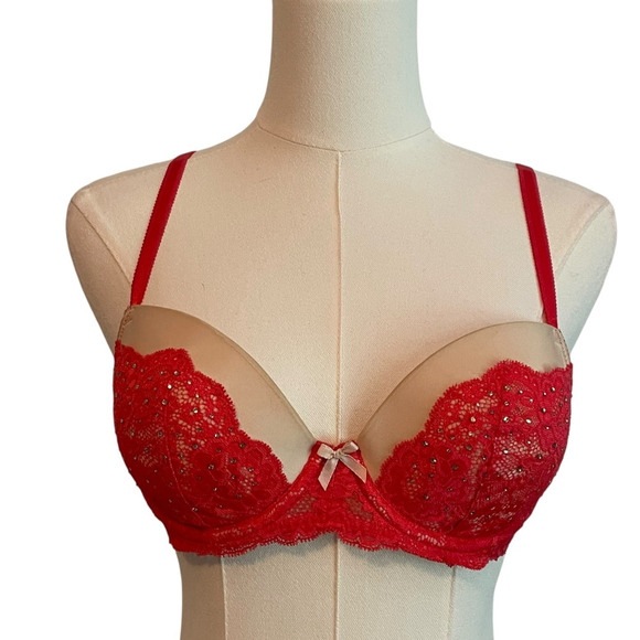 Victoria’s Secret Dream Angels Bra 34C Lined Demi/Demi Buste Double Red Lace - Picture 1 of 9